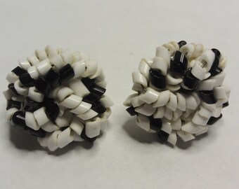 Vintage Black and White Tiny Bead Cluster Knotted Earrings - Pierced