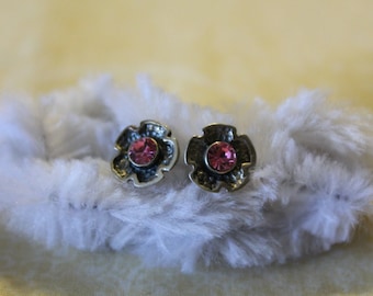 Sterling Silver Flower With Pink Stone Earrings - Pierced
