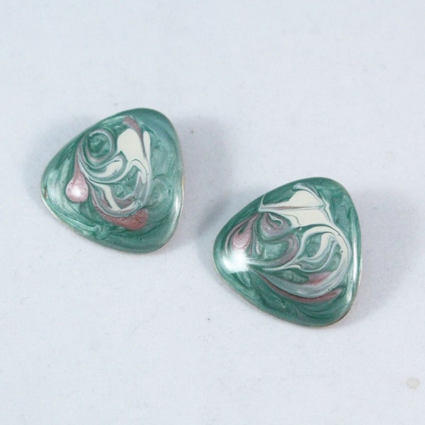 Nice Green, Pink and Ivory Swirl Enamel Semi Triangle Earrings - Pierced