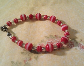 Red  and White Glass Bead Bracelet with Silver Clasp