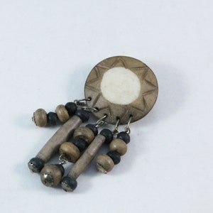Interesting Wood Look Pin / Brooch With Dangling Beads