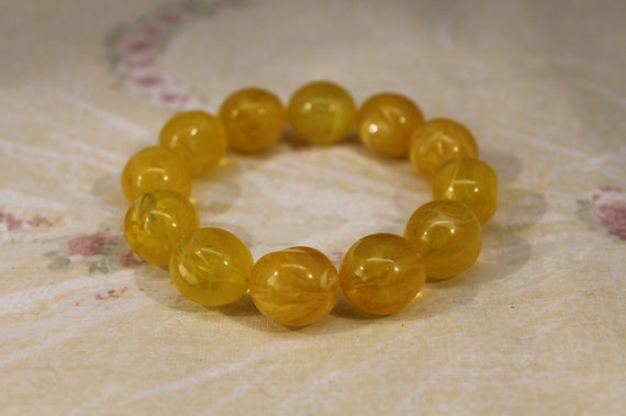 Plastic Yellow Marble Look Stretch Beaded Bracelet - image 3