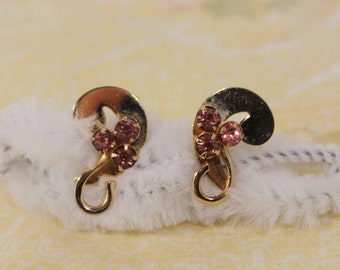 Golden With Three Pink Crystals / Stones - Screw On Earrings