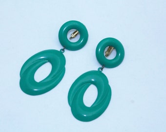 Larger Green Painted Metal Dangle Open Circle Earrings - Clip On