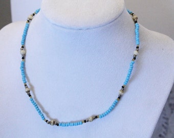 Light Blue Tiny Beads with Browns and Silver Beads Necklace