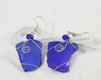 Blue Sea Glass Dangle Fashion Earrings -  Pierced