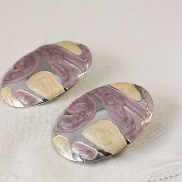 Silver With Ivory And Lavender Pearlescent Enamel Earrings - Pierced