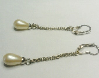 Vintage Silver and Faux Pearl Hanging Earrings- Pierced