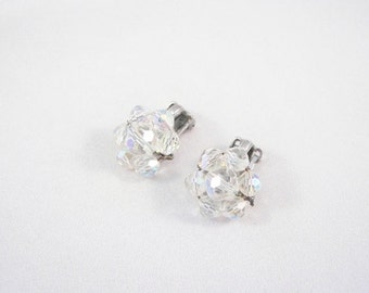 Crystal Bead Flower Clip On Earrings