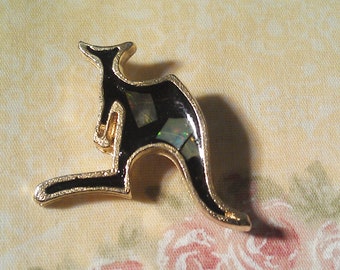 Gold Tone with Black Enamel and Shell Kangaroo Pin/ Brooch