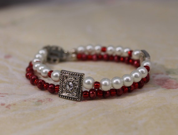 Red and White Pearl Two Strand Bead Bracelet With… - image 2