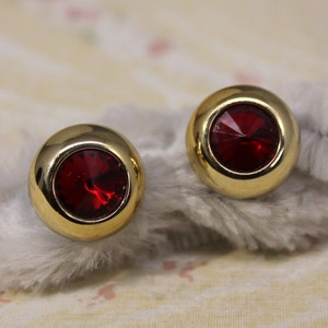 Golden Button Style With Red Crystal Look Plastic Earrings - Pierced