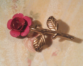 Vintage Gold Tone and Red Rose Pin / Brooch