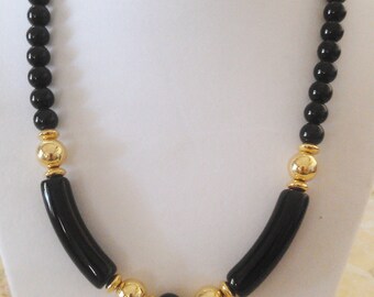 Black and Gold Plastic  and Metal Bead Necklace