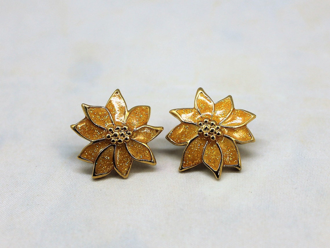 Pretty Golden Flower With Sparkle Enamel Earrings Pierced - Etsy