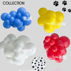 May include: Image features a Paw Patrol Collection with blue, yellow, white, and red balloon clusters. A white balloon with black paw prints is also shown. Text includes "Paw Patrol Collection", "Blue", "Yellow", "White", "Red", and "Paw Print".