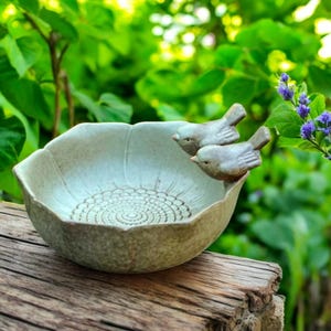 Pode incluir: Um bebedouro de cerâmica com um esmalte verde claro. Duas pequenas figuras de pássaros estão pousadas na borda. O interior apresenta um padrão circular texturizado. O bebedouro está sobre uma superfície de madeira, com um fundo verde desfocado.