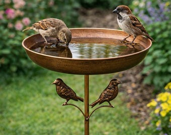 Vintage Iron Bird Bath Garden Stake Tall Standing Birdbath with Birds Rustic Outdoor Decor
