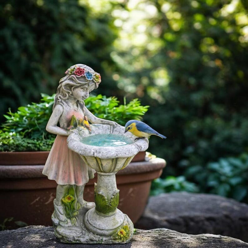 Solar Bird Bath Garden Statue With LED Light, Outdoor Yard Decor, Solar ...
