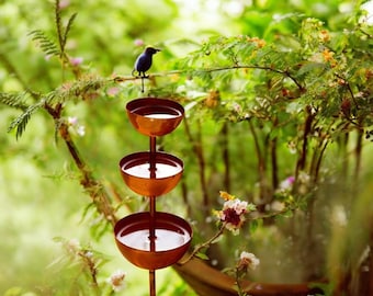 Rustic Metal Rain Catcher Garden Stake, 3 Tier Bird Bath Outdoor Garden Decor Sculpture