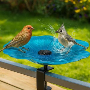 Könnte beinhalten: Ein leuchtend blaues Vogelbad in Blumenform mit zwei kleinen Vögeln am Rand. Einer ist braun und orange, der andere grau. Wasser spritzt, während der graue Vogel badet. Das Vogelbad ist an einer schwarzen Metallklemme befestigt.