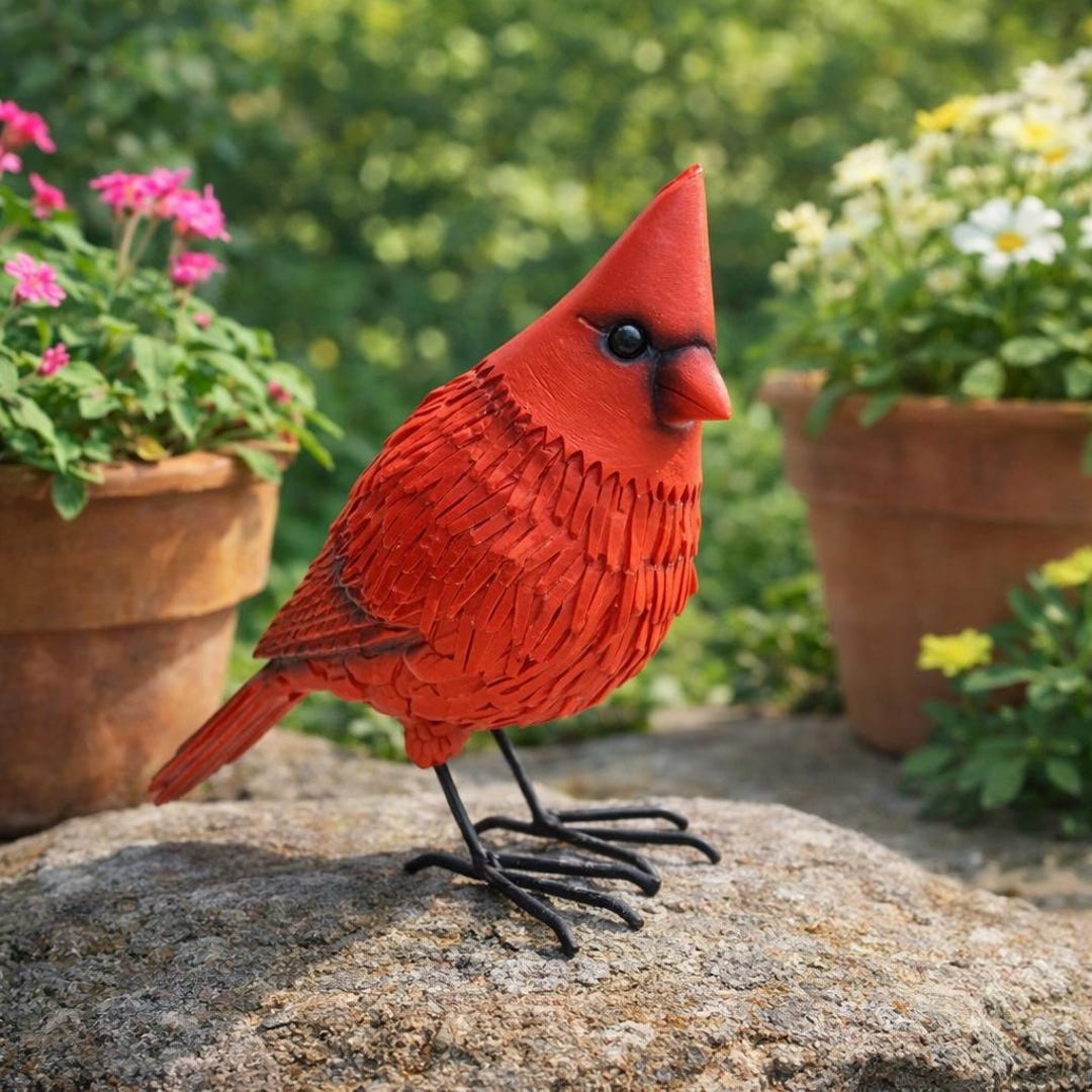 Cardinal Bird Ornament, Resin Red Bird Garden Decor, Outdoor Yard