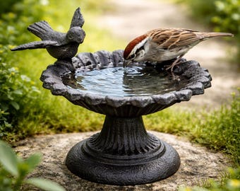 Baño para pájaros de hierro fundido con pájaro posado, decoración rústica para jardín al aire libre, patio y patio.