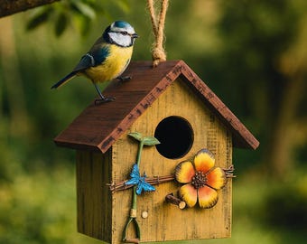 Hanging Wooden Birdhouse, Rustic Garden Decor, Outdoor Bird Nest for Small Birds