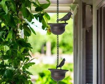 Bronze Iron Bird Rain Chain with 8 Cups – Decorative Downspout Alternative & Garden Rainwater Feature