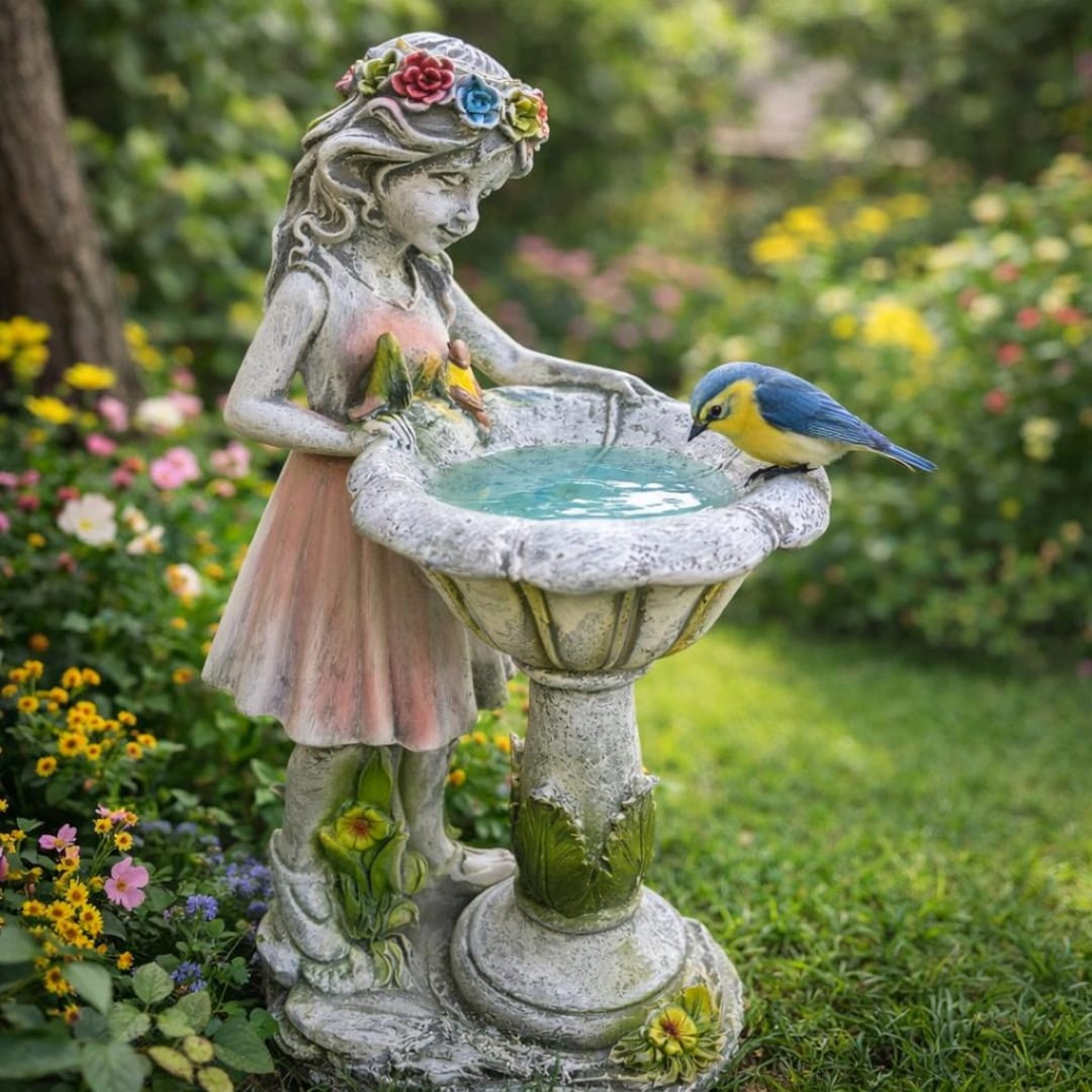 Solar Bird Bath Garden Statue With LED Light, Outdoor Yard Decor, Solar ...