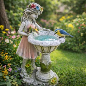 May include: A detailed garden statue of a young girl wearing a floral crown and a pink dress, standing next to a bird bath. A blue and yellow bird is perched on the edge of the bird bath, which is filled with water. The statue is surrounded by greenery and flowers.