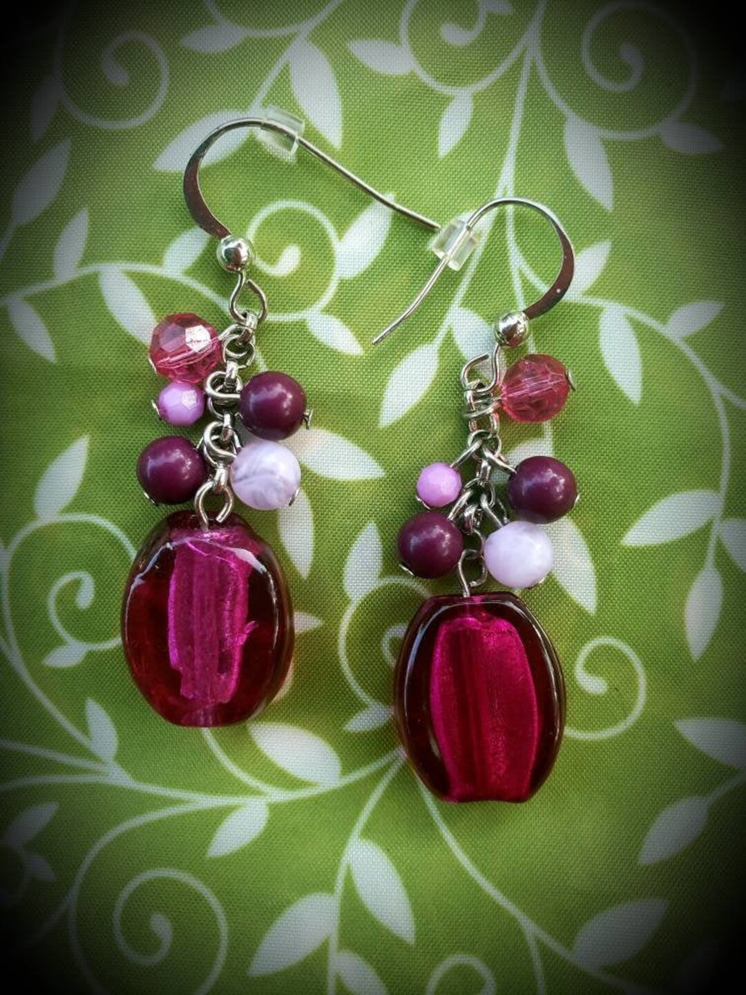 Grape Vine Pierced Earrings, Ripe Grapes, Pink, Purple, Dangle Earrings