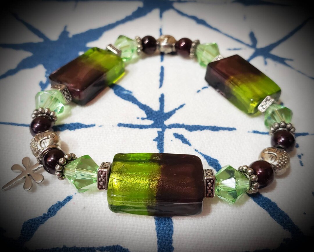 Boho Purple and Green Bracelet, Glass Bracelet, Buddha Head Bracelet