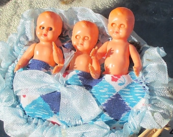 German Dollhouse Baby Triplets EMIL SCHWENK Rattan Wicker Cradle Basket Vintage MCM