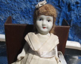 Antique Bisque Dollhouse Doll Mohair Hair Jointed Japan