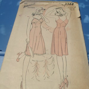 Pin Up Glamour Sewing Pattern Slip 1940&#39;s Advance #3308 Original  Size 18 Bust 36 Hip 39