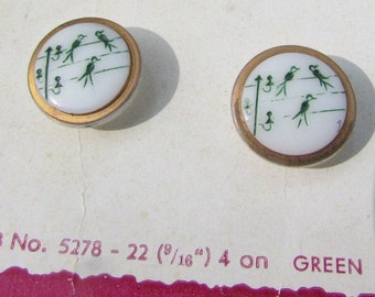 Pictorial Glass Buttons Birds On Telephone Line Gold Luster Rare 1950s