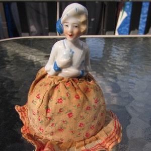 Antique Pin Cushion Half Doll 1920 Porcelain Flapper Holding Rose Blue White Lady Floral