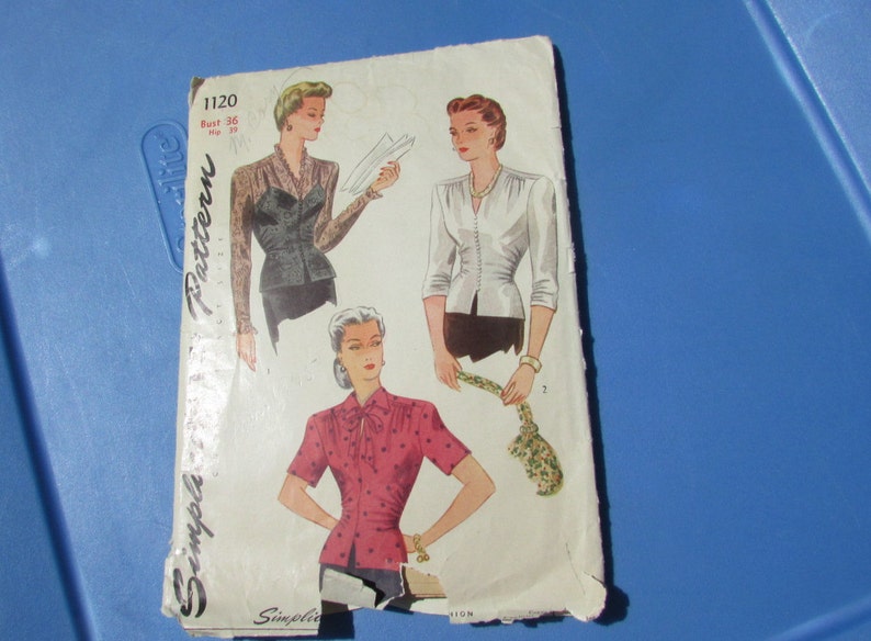 1940s Sewing Pattern Fitted Blouse Simplicity#1120 Vintage Bust 36 Illusion Lace Overblouse Keyhole Top