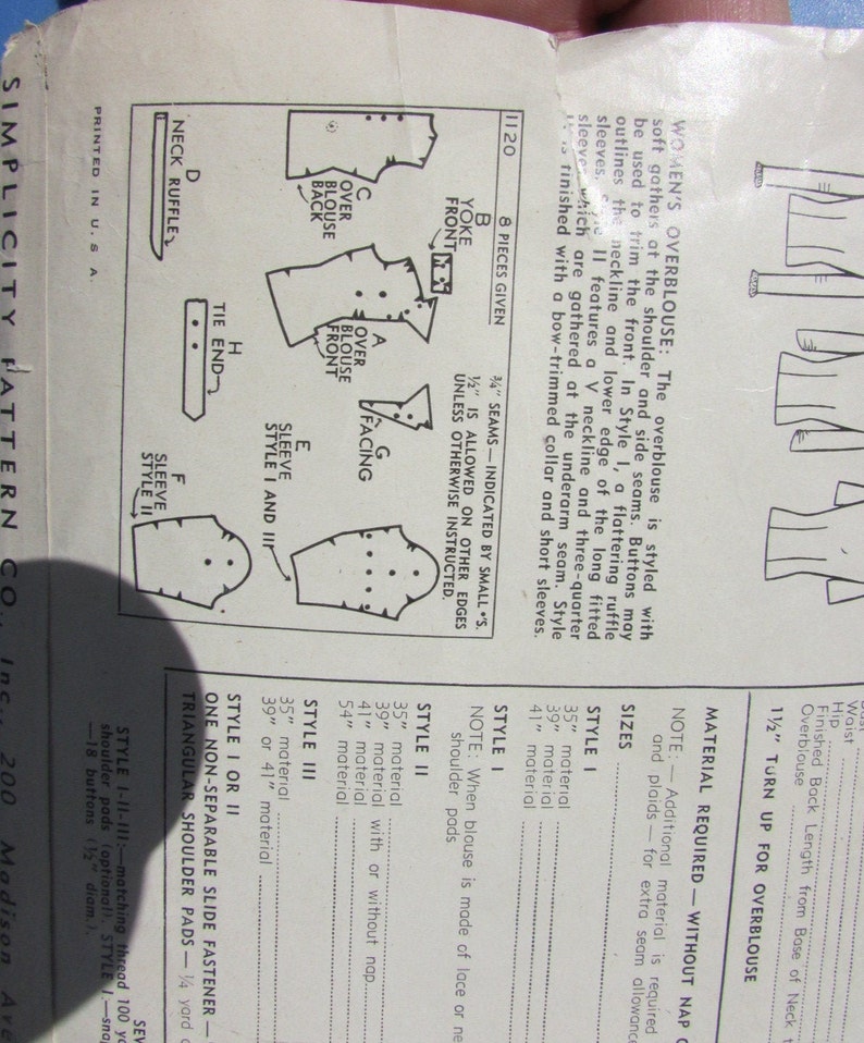 1940s Sewing Pattern Fitted Blouse Simplicity#1120 Vintage Bust 36 Illusion Lace Overblouse Keyhole Top