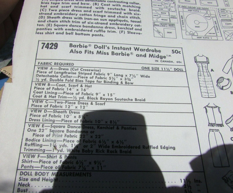 McCalls Sewing Pattern Barbie Wardrobe #7429 Uncut Sheath Square Dancing Dress Coat 1964 Vintage