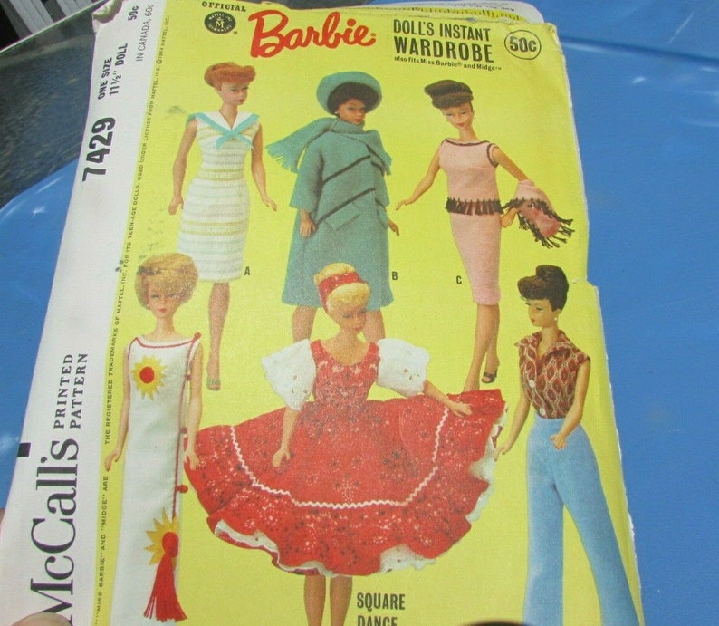 McCalls Sewing Pattern Barbie Wardrobe #7429 Uncut Sheath Square Dancing Dress Coat 1964 Vintage