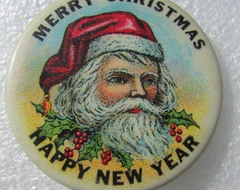 Antique Santa Claus Celluloid Pin Back Merry Christmas Happy New Year Belsnickel