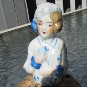 Art Deco Flapper Half Doll Pin Cushion Porcelain Holding Rose