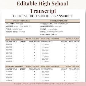 Transcriptsjabloon homeschool middelbare school bewerkbaar 4 jaar, Google Docs & Canva, afdrukbaar academisch record voor universiteitstoepassingen, digitaal
