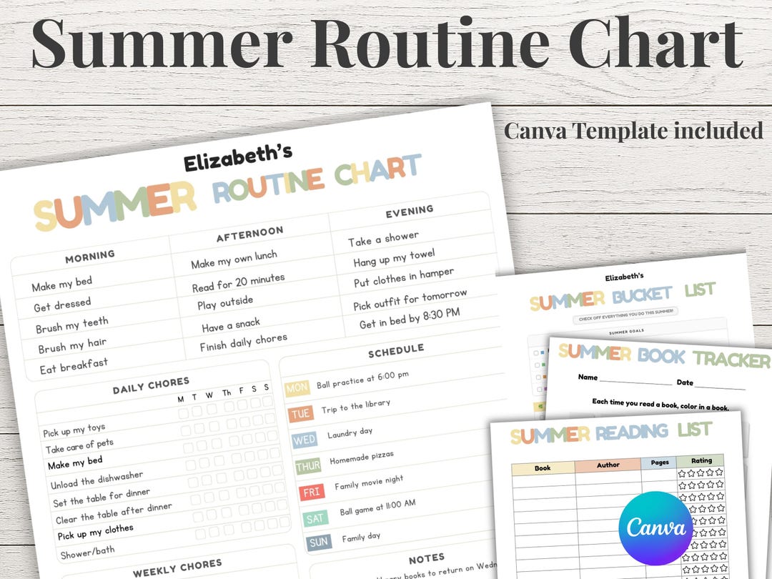 Summer Routine Chart Summer Planner 2026 Editable Canva Template Chore ...