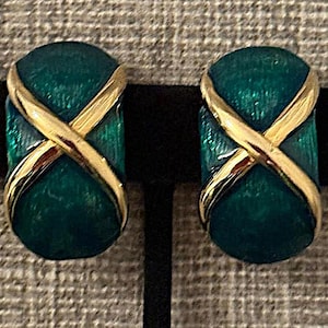 Vintage Gay Boyer Classic Earrings - Green Enamel and Gold Clip-on&#39;s