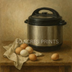 Puede incluir: Una pintura de naturaleza muerta con una olla a presión eléctrica de acero inoxidable y negra. Varios huevos marrones y un huevo blanco descansan sobre un paño beige. El texto "40 ACRES PRINTS" es visible.