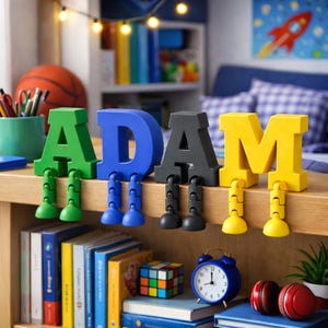 Può includere: Quattro lettere a blocco individuali che compongono la parola ADAM, ciascuna di un colore diverso: verde, blu, nero e giallo. Ogni lettera presenta due gambe articolate penzolanti con piedi arrotondati che sporgono dal bordo di una superficie in legno.