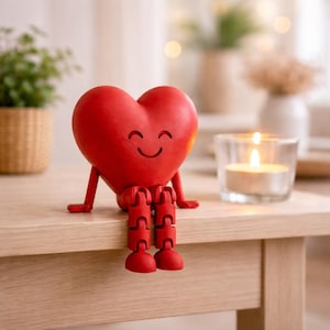 Cute Heart Buddy Figurine – Articulated Sitting Heart Decor, 3D Printed Valentine’s Gift, Desk Ornament, Shelf Sitter, Anniversary Gift